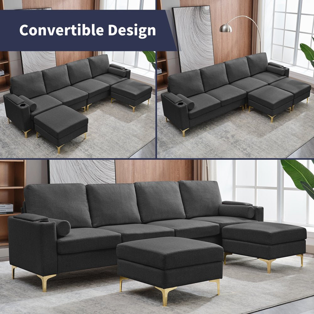 U-Shaped Dark Grey Oversized Corduroy Couch with Storage Ottoman