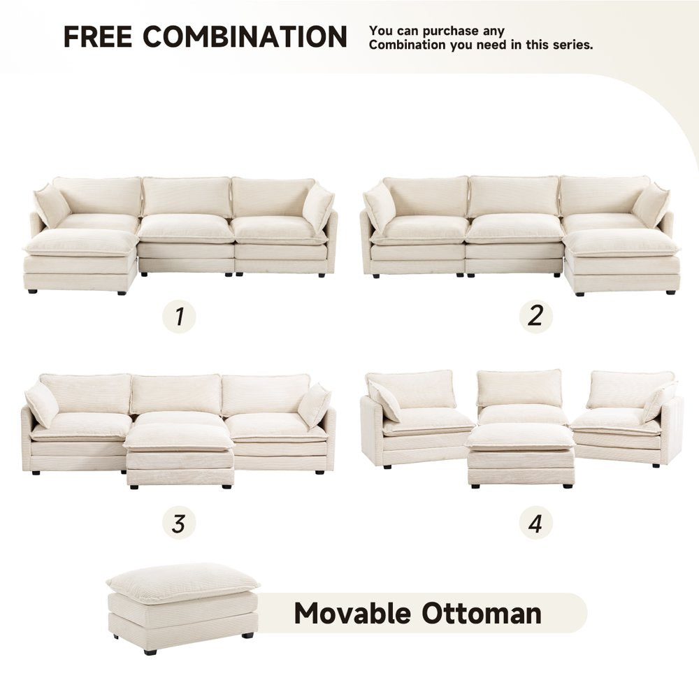 Small L Shaped Free Combination Beige Corduroy Sectional Couch with Ottoman