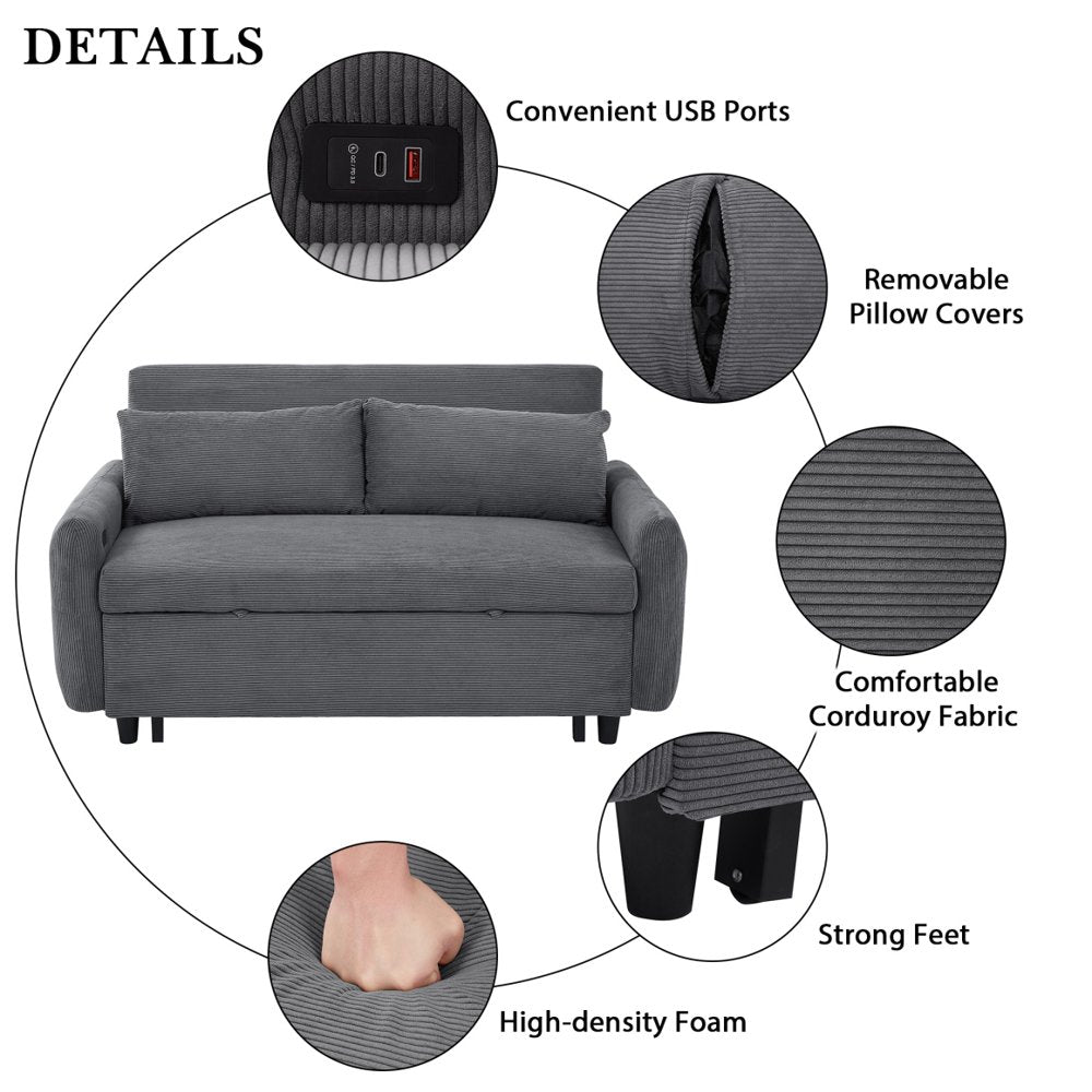 57.48" Dark Grey Corduroy Loveseats, Convertible with USB Ports & Adjustable Backrest