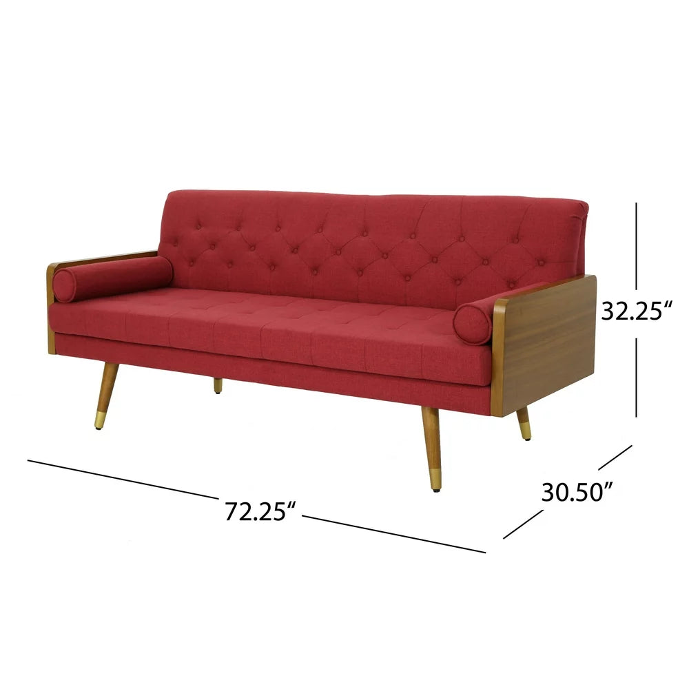 Mid Century Modern Tufted Red Corduroy Couch with Rolled Accent Pillows