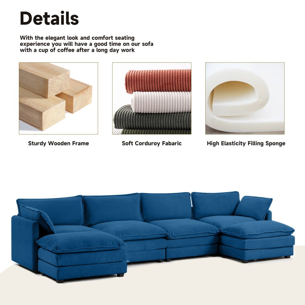 U-Shaped Convertible Navy Corduroy Sectional Couch with 2 Ottomans