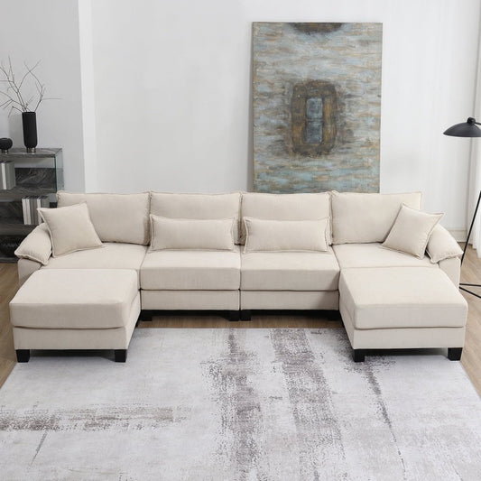 Versatile Modular U-Shaped Beige Corduroy Sectional Couch with Armrest Bags