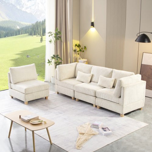 Modern Convertible L Shape Beige Corduroy Couch Comfortable Multi-Person Combination