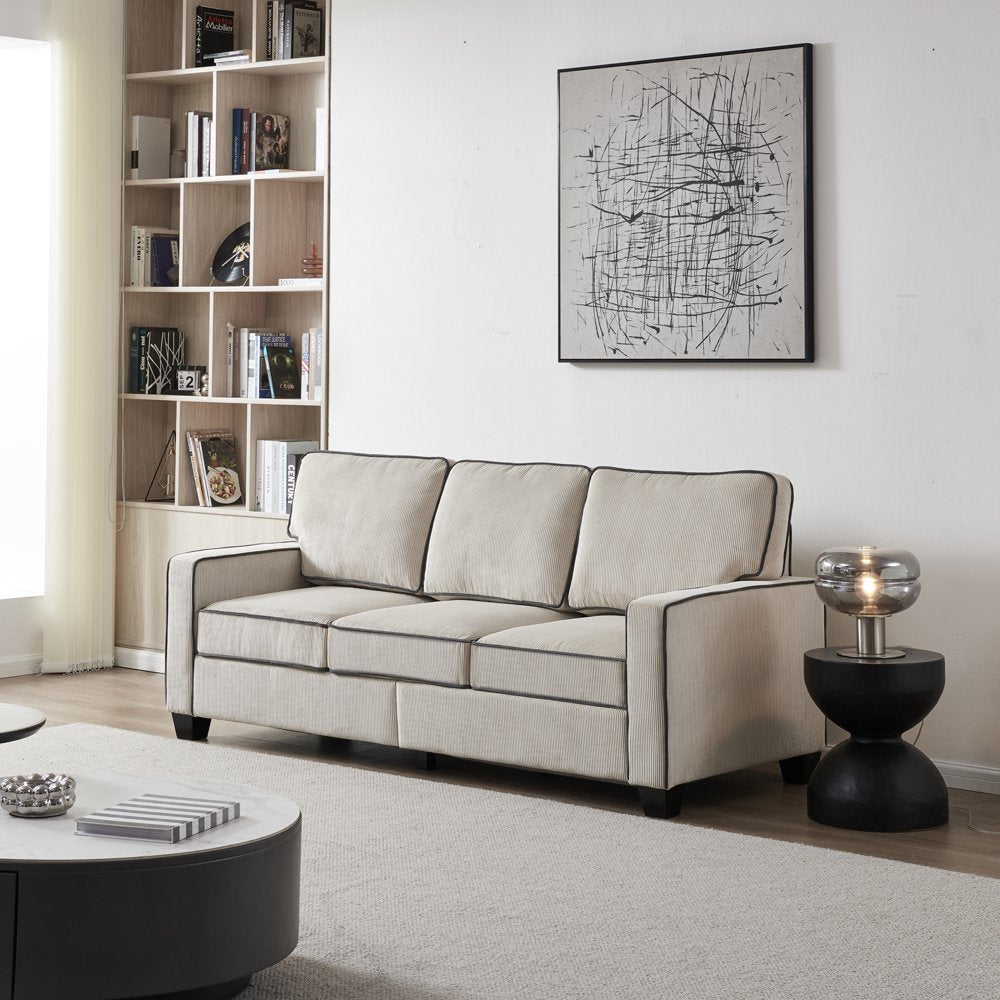 3-Seater Beige Corduroy Couch with 2 Removable Storage Space & Solid Wood Legs