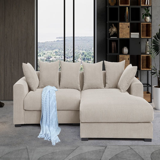 3-Piece Modern  L-Shaped Beige Corduroy Sectional Couch with 6 Pillows & 2 Armrests 