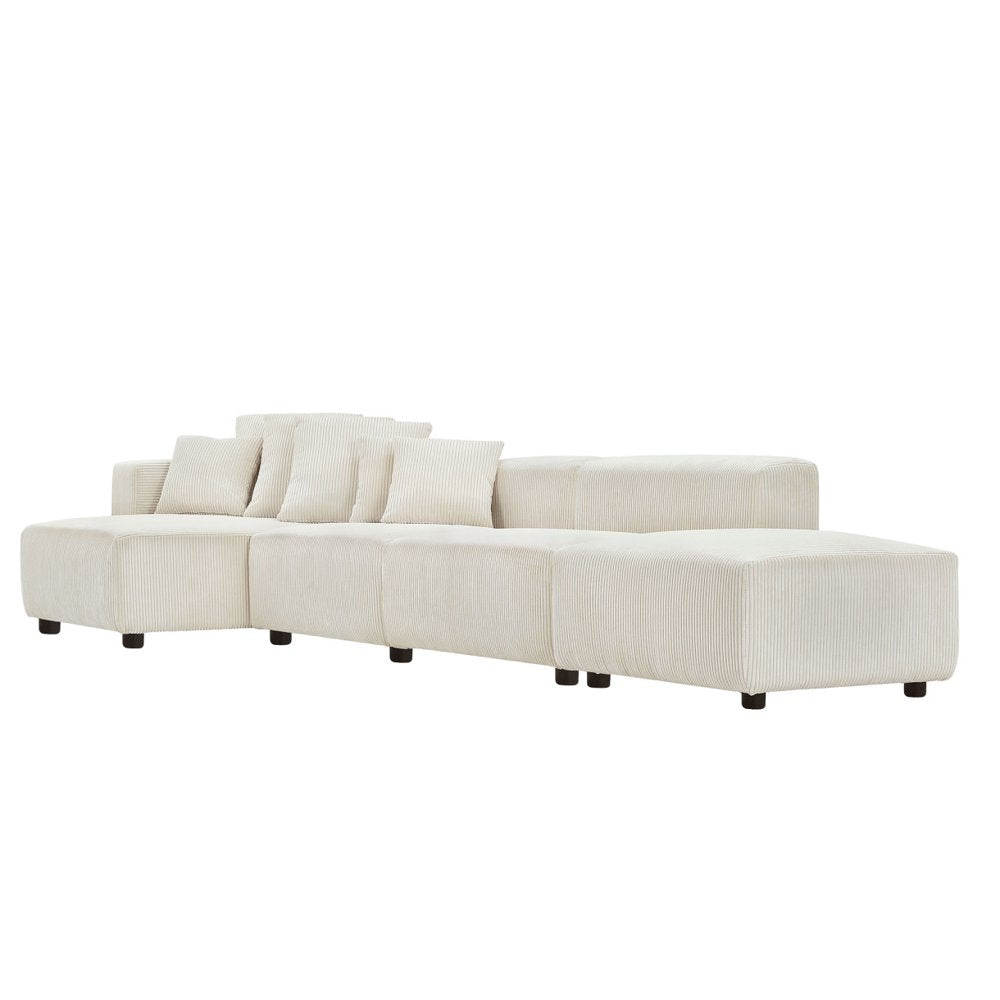 4-Piece Set Corduroy Sectional Modular Sofa with 6 Throw Pillows, Soft L-Shaped Chaise Couch, Beige - Corduroy Couch Set