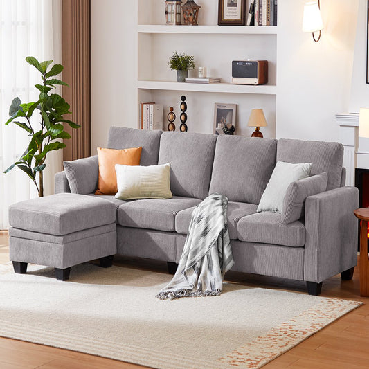 L Shaped 4-Seat Reversible Corduroy Sectional Couch Set with Chaise & Storage Ottoman