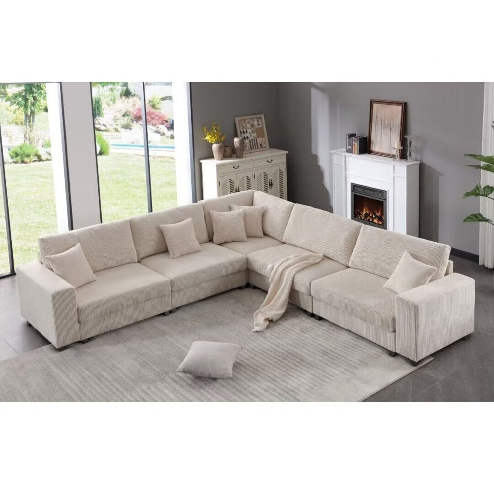 146.5" X 33.5" X 37" Oversized Modular Beige Corduroy Sectional Couch Set