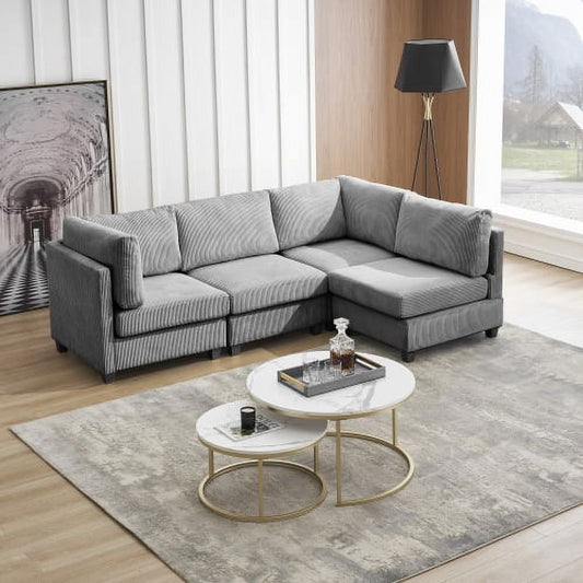 126" 4-Seat L-Shaped Grey Corduroy Sectional Couch with Chaise Lounge & Metal Legs