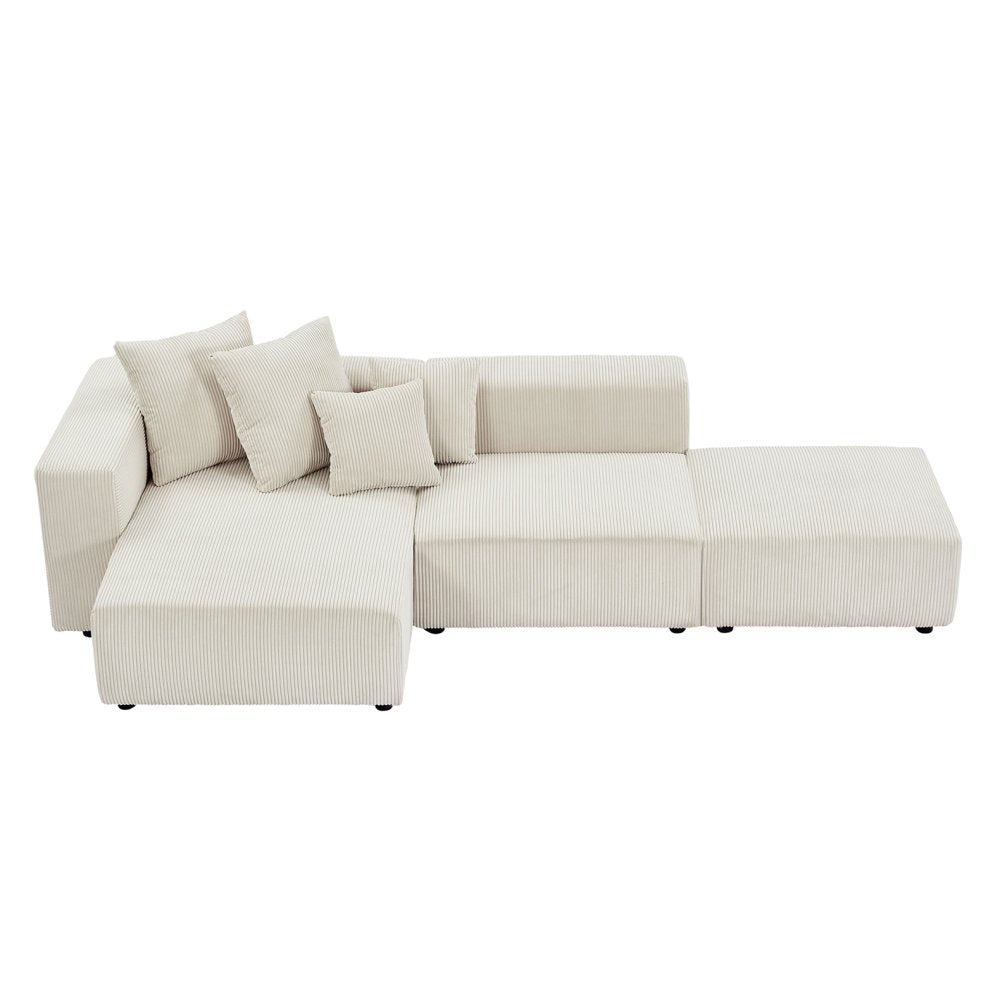 118" Modular L-Shaped Beige Corduroy Couch Set with Reversible Chaise