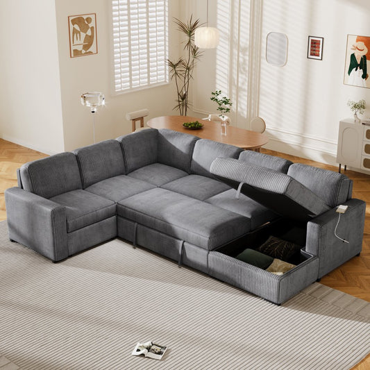 116.5"W U-Shaped Oversized Corduroy Couch with Storage Chaise Lounge