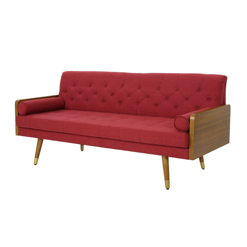 Mid Century Modern Tufted Red Corduroy Couch with Rolled Accent Pillows