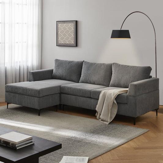 96" 3-Seat Convertible L-Shape Grey Corduroy Sectional Couch with Chaise & Metal Leg