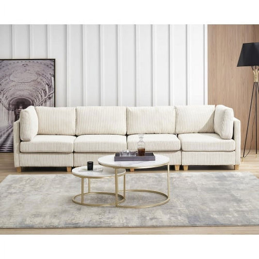 Modern L-Shaped 4-Seat Sofa Couch Convertible Sectional Corduroy Upholstered Sofa 126", Beige - Corduroy Sectional Couch