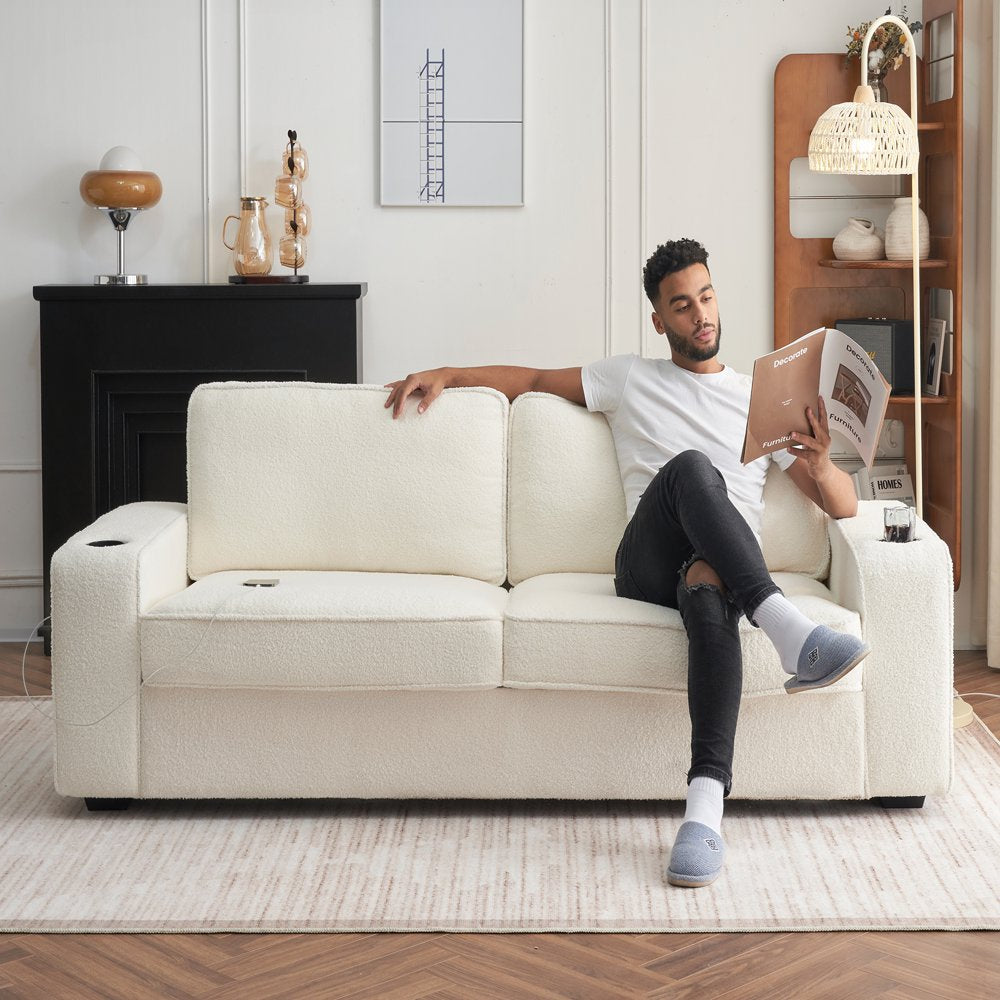 89 Inch Beige Oversized Corduroy Couch with USB Charging Ports & Cup Holders