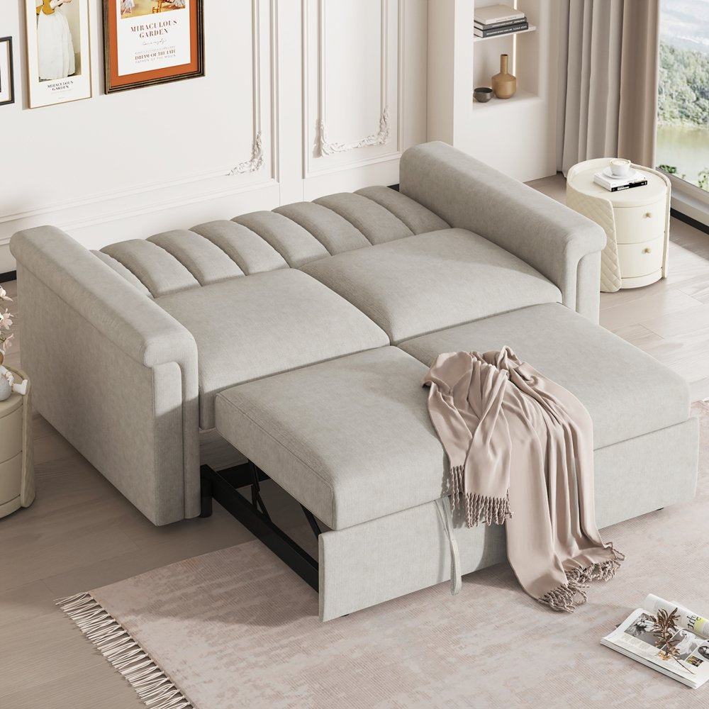 61.4'' Convertible Beige Corduroy Loveseats with Pull-Out Bed & Adjustable Backrest