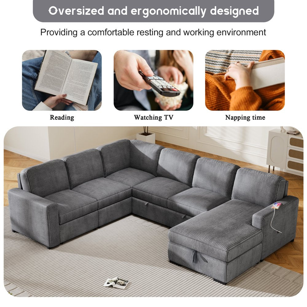 116.5×90.6" 6-Seater U-Shaped Oversized Corduroy Couch with Storage Ottoman