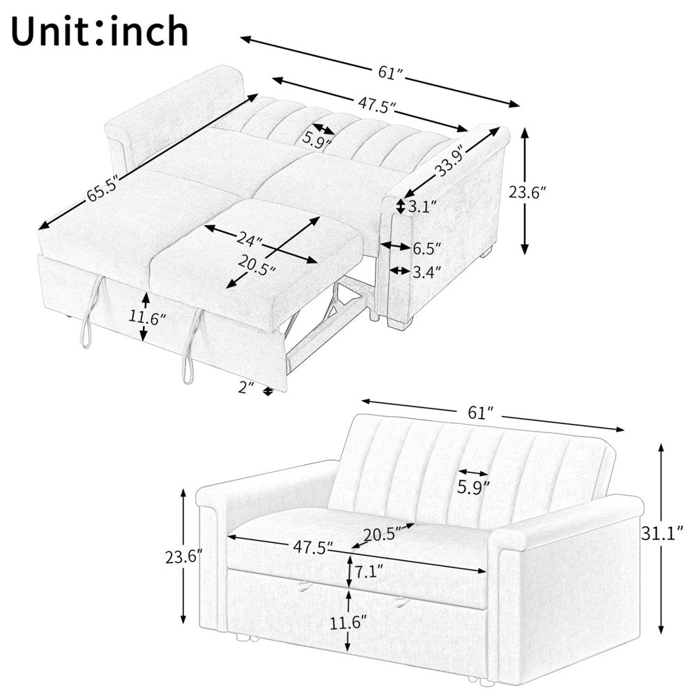 61.4'' Convertible Beige Corduroy Loveseats with Pull-Out Bed & Adjustable Backrest