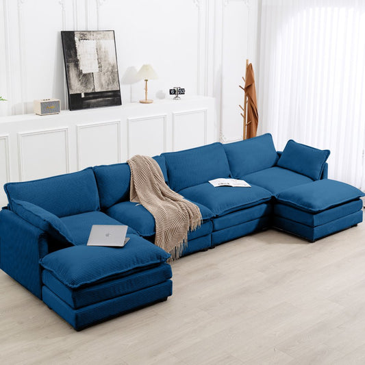 U-Shaped Convertible Navy Corduroy Sectional Couch with 2 Ottomans