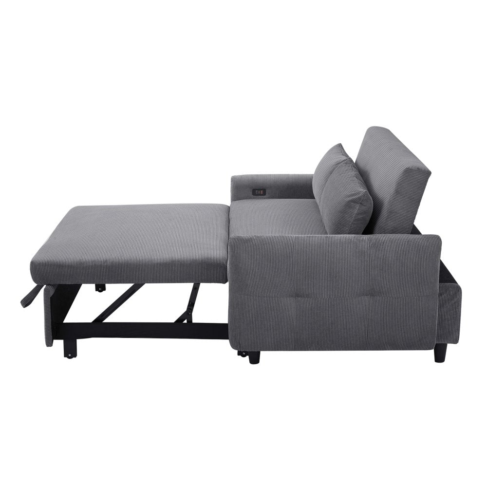 57.48" Dark Grey Corduroy Loveseats, Convertible with USB Ports & Adjustable Backrest