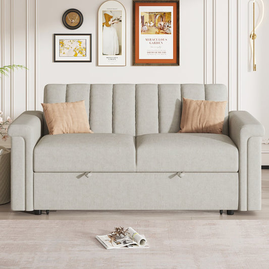 61.4'' Convertible Beige Corduroy Loveseats with Pull-Out Bed & Adjustable Backrest