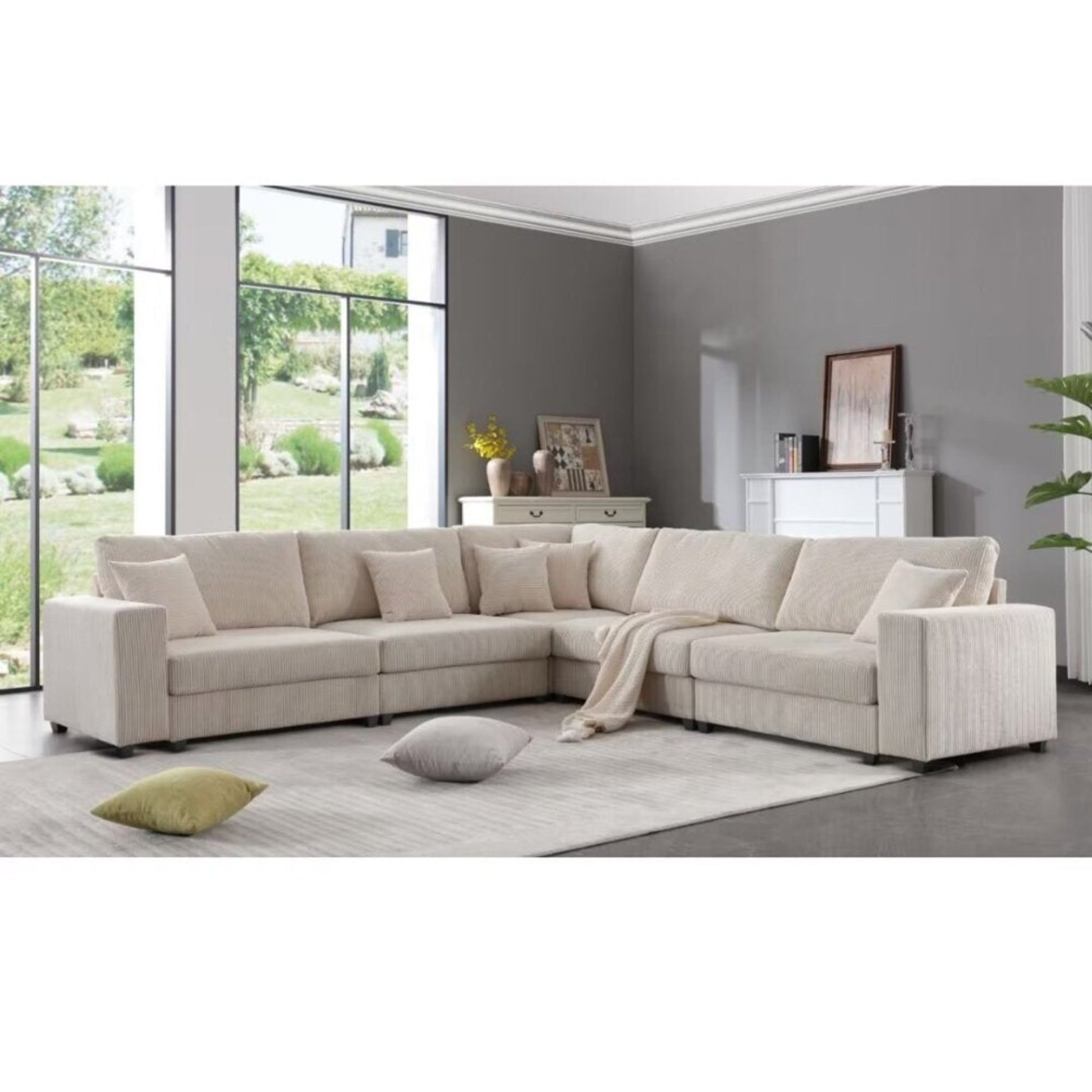 146.5" X 33.5" X 37" Oversized Modular Beige Corduroy Sectional Couch Set