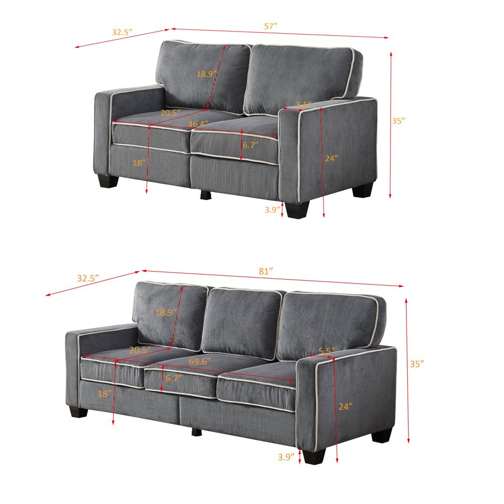 81"+57" 3-Seat Dark Grey Corduroy Couch Set, Padded Seat Cushions and Backrest