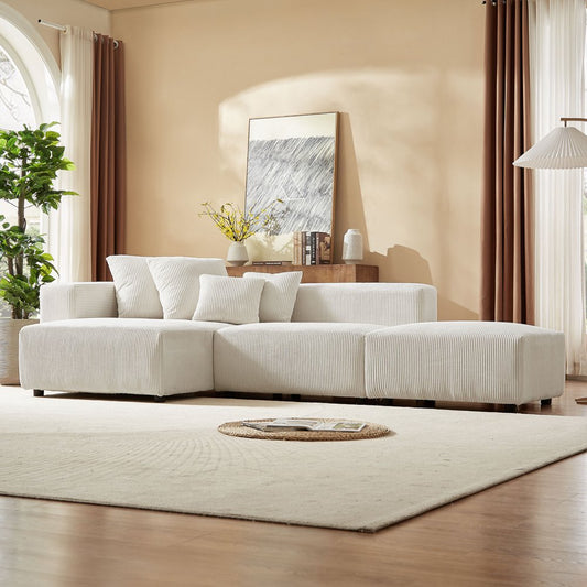 118" Modular L-Shaped Beige Corduroy Couch Set with Reversible Chaise