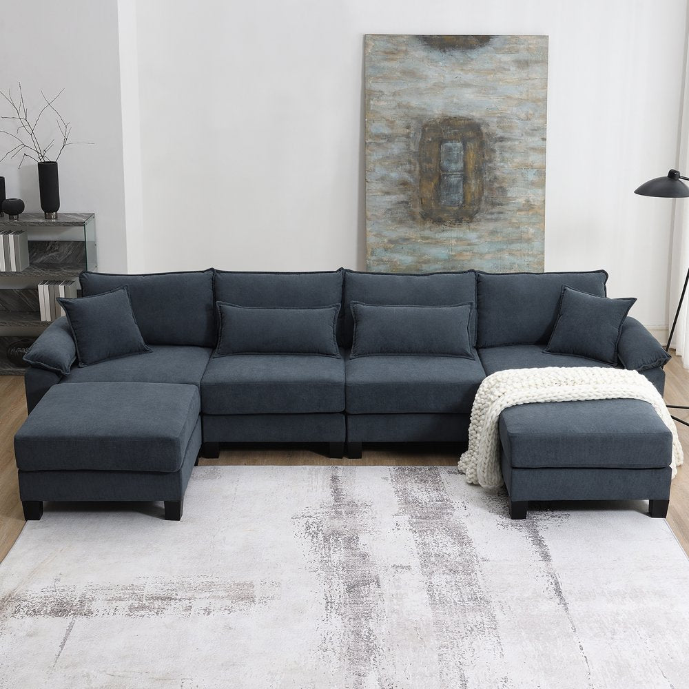 133" U Shaped 6-Seat Grey Corduroy Couch Set with Armrest Bags