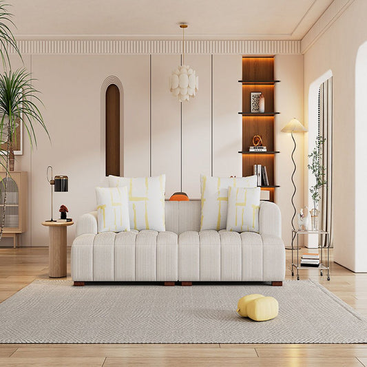103.9" Modern Beige Corduroy Couch, Beautifully Striped with Four Pillows & Solid Wood Frame