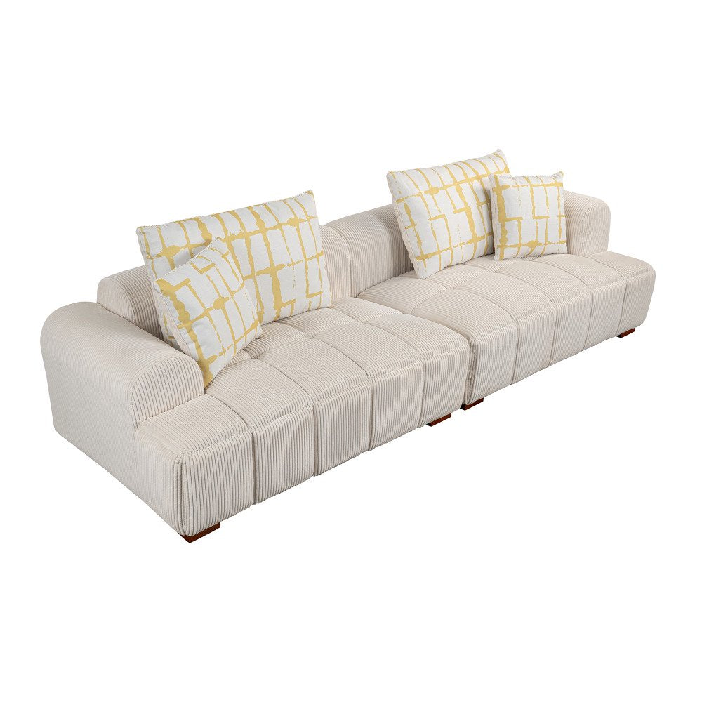 103.9" Modern Beige Corduroy Couch, Beautifully Striped with Four Pillows & Solid Wood Frame