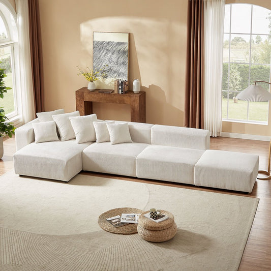 4-Piece Set Corduroy Sectional Modular Sofa with 6 Throw Pillows, Soft L-Shaped Chaise Couch, Beige - Corduroy Couch Set