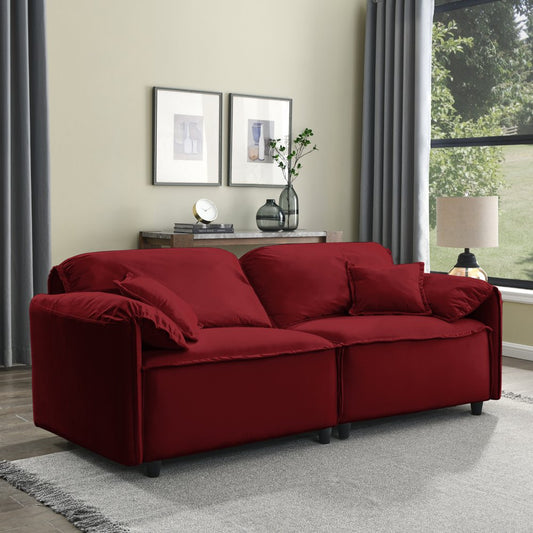 79" 3 Seater Modern Red Corduroy Couch, Solid Wood Frame with 2 Pillows