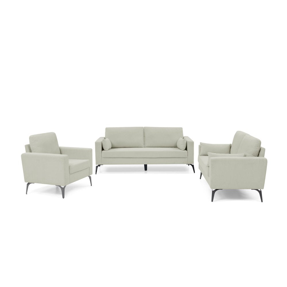 3-Piece Beige Corduroy Couch Set, 3-Seater with Two Small Pillows