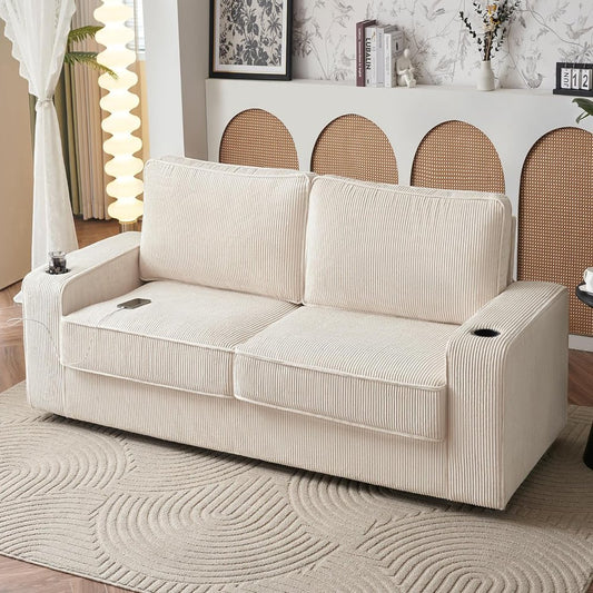 89 Inch Beige Oversized Corduroy Couch with USB Charging Ports & Cup Holders