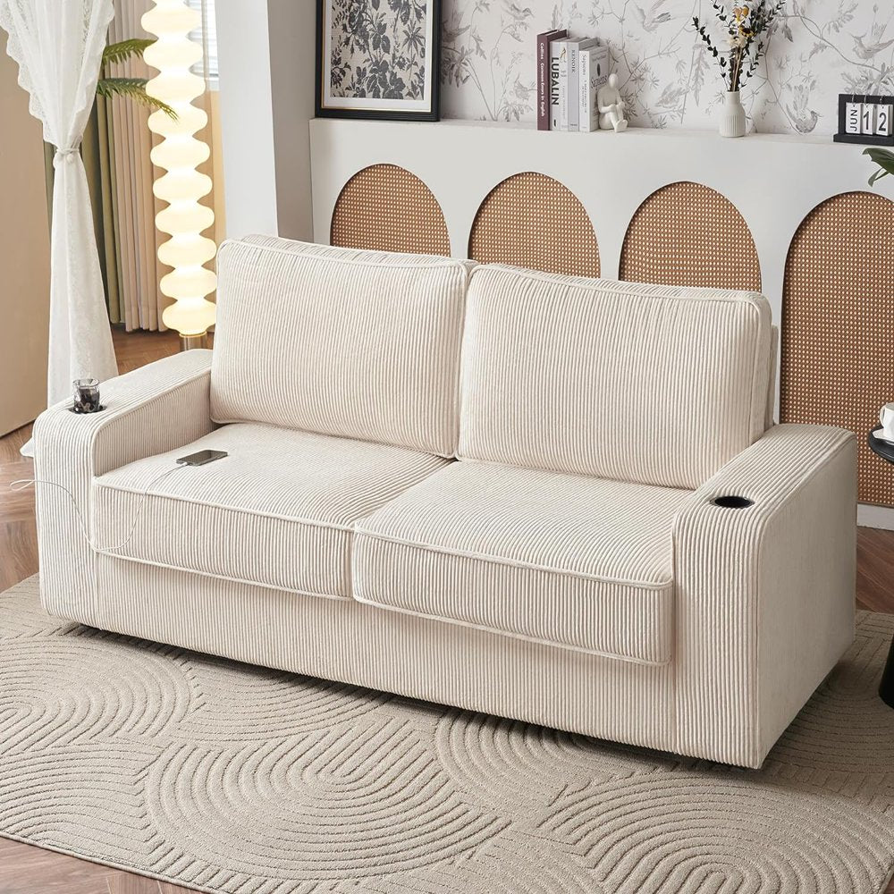 89 Inch Beige Oversized Corduroy Couch with USB Charging Ports & Cup Holders