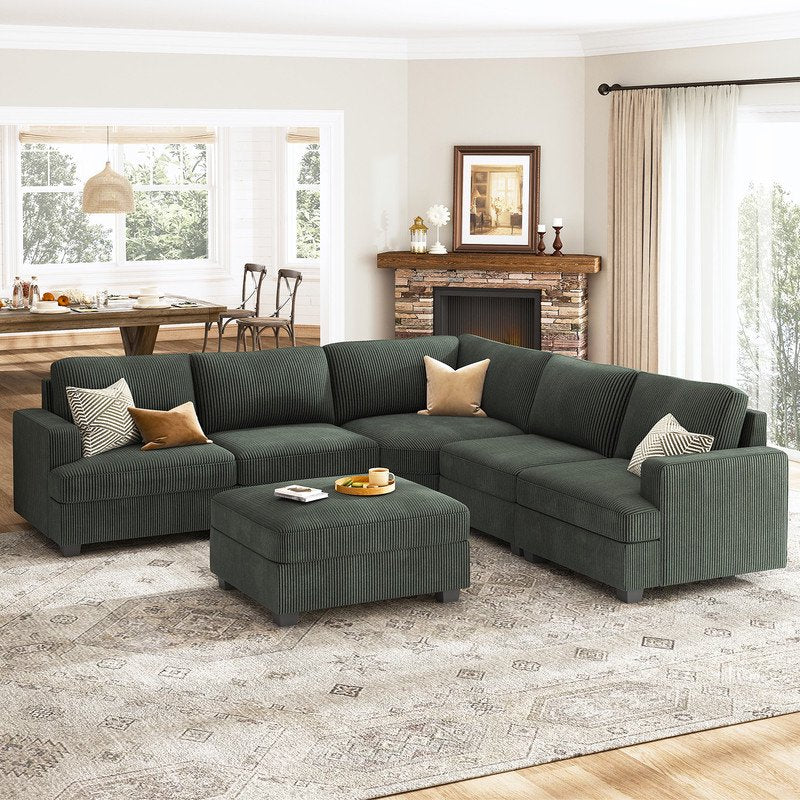 U Shaped Convertible Green Corduroy Sectional Couch with Storage Ottomans