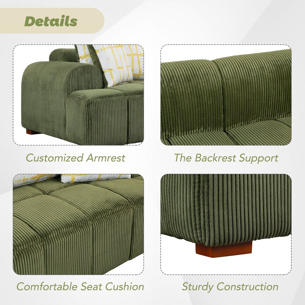 104" Oversized Green Corduroy Couch with 4 Pillows & Rubber Wood Legs