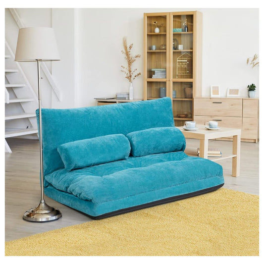 Convertible Blue Corduroy Loveseats with 2 Pillows, Folding 6-Position Adjustable Loveseat