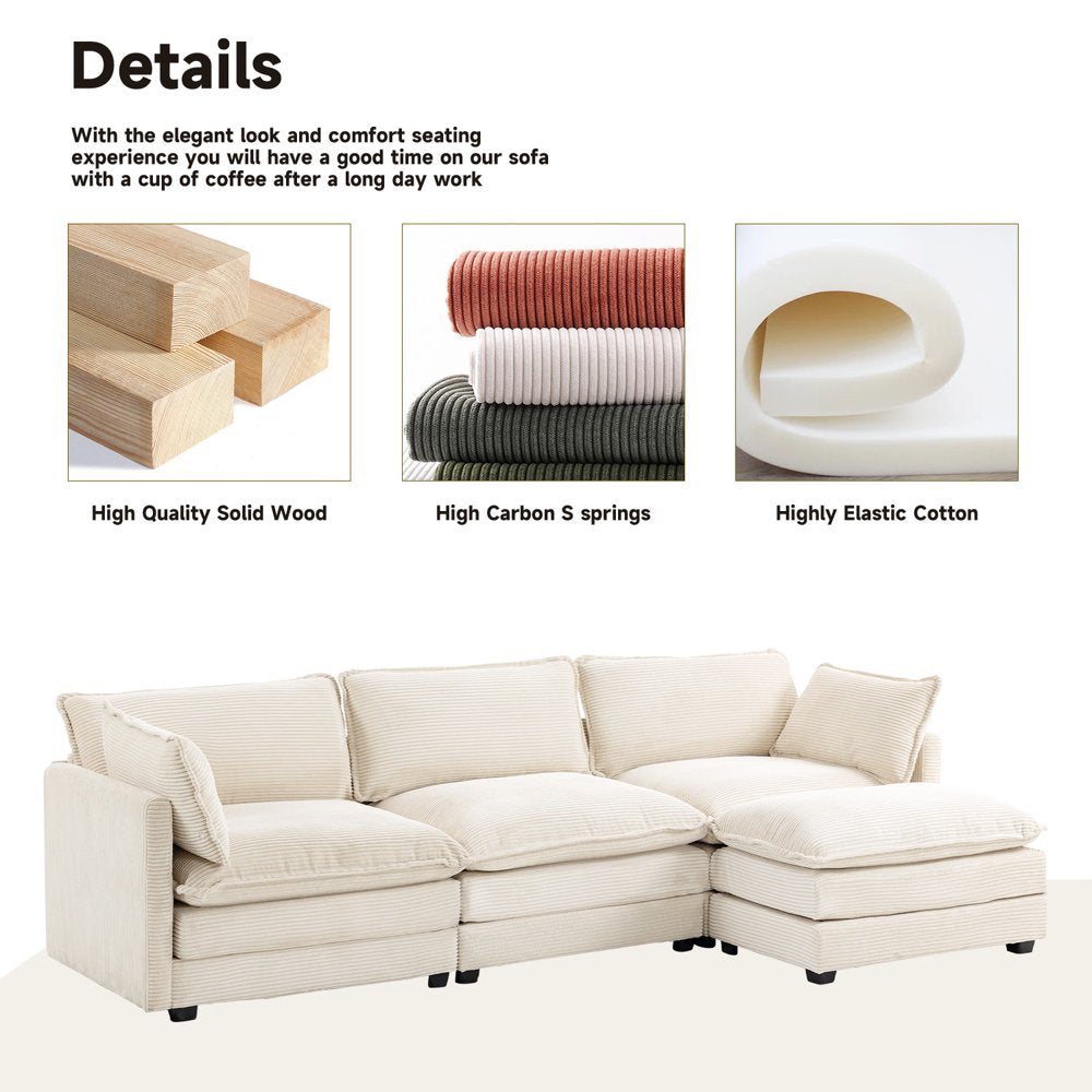 Small L Shaped Free Combination Beige Corduroy Sectional Couch with Ottoman