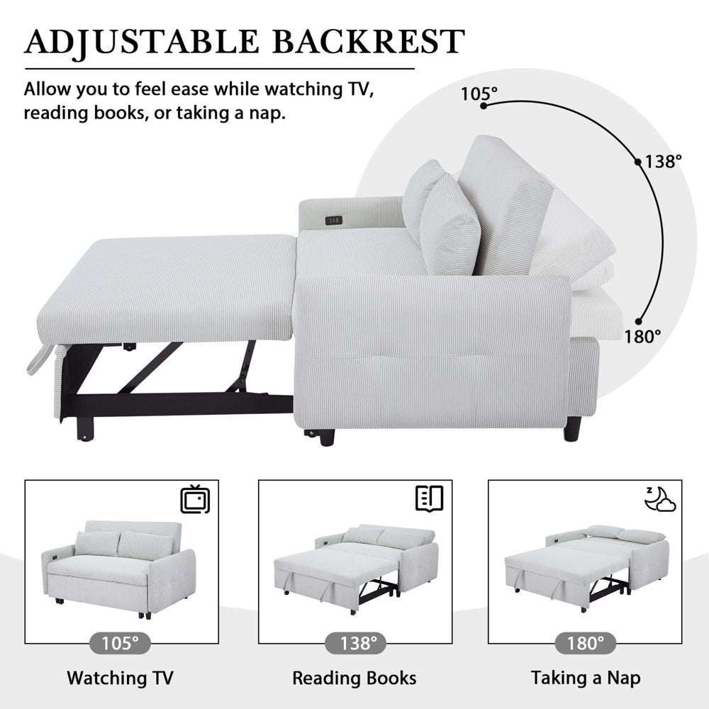 57.5" Light Blue Corduroy Loveseats with Adjustable Backrest, Convertible Couch with 2 Pillows & USB Ports