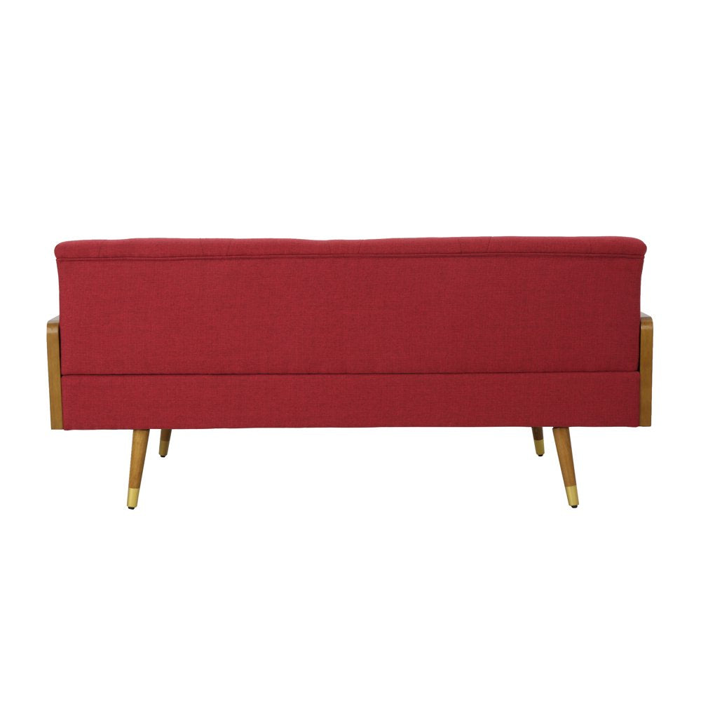 Mid Century Modern Tufted Red Corduroy Couch with Rolled Accent Pillows