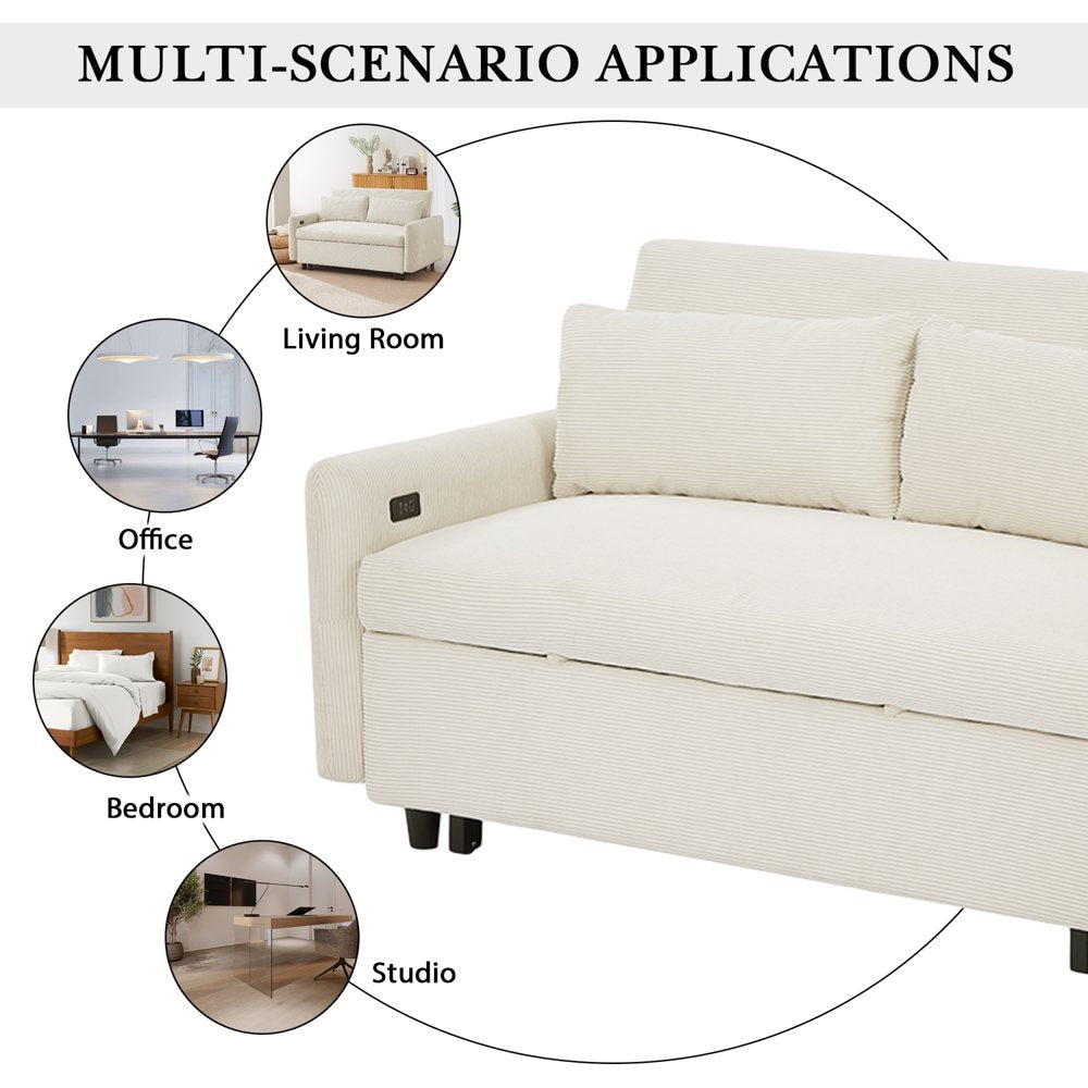 57.48" 2 Seat Convertible Beige Corduroy Loveseats with 2 Pillows & USB Ports
