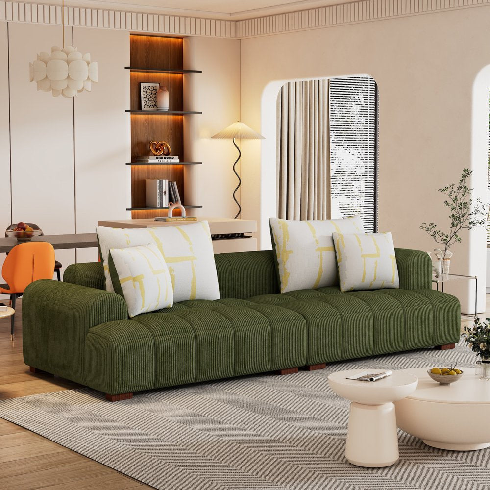 4-Seater Modern Green Corduroy Couch with 4 Pillows Rubber Wood Legs