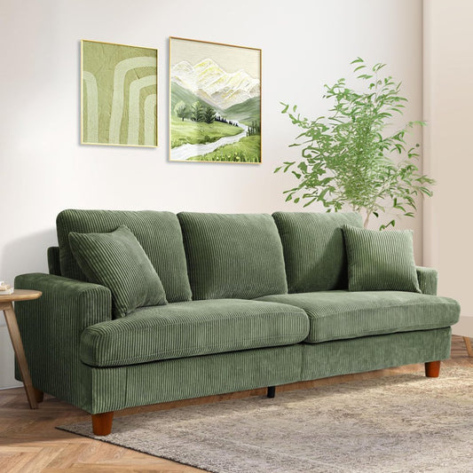 87" 3 Seater Green Corduroy Couch with Extra Deep Seats