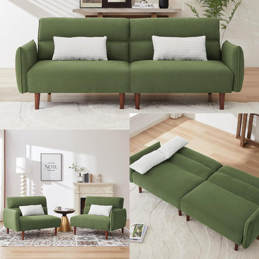 Convertible Green Corduroy Couch with 2 Pillows, Adjustable Backrest & USB Port