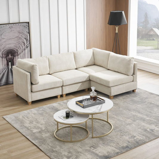 Modular L-Shaped Beige Corduroy Sectional Couch with Cushion & Sturdy Wooden Leg