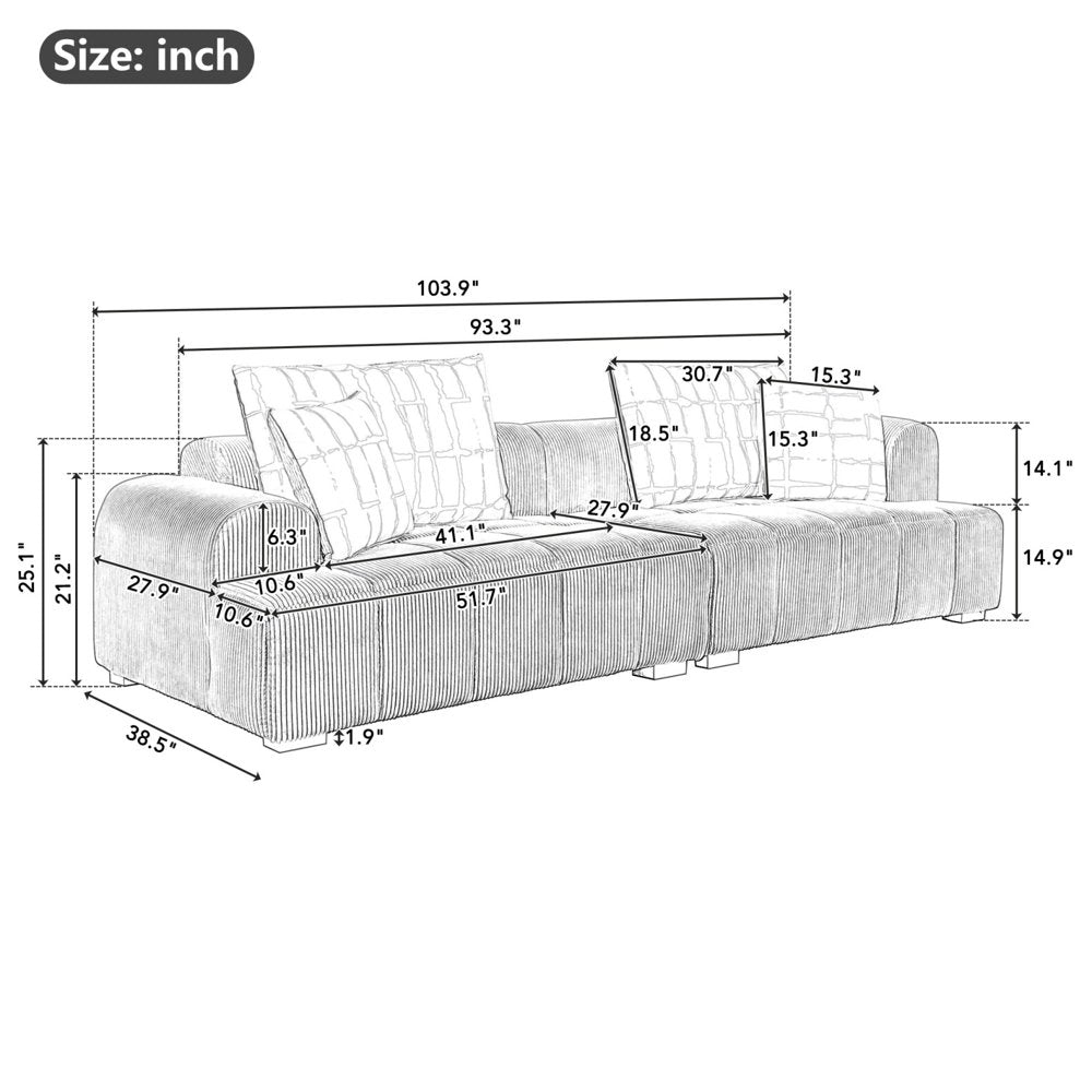 4-Seater Modern Green Corduroy Couch with 4 Pillows Rubber Wood Legs