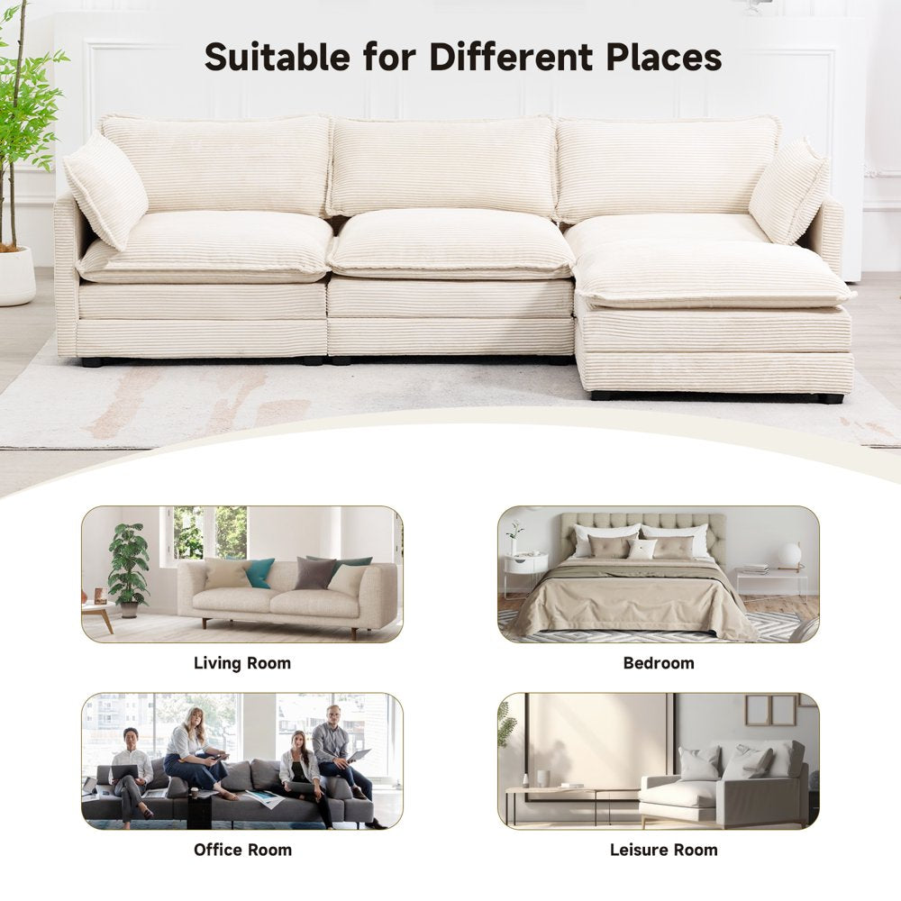 Small L Shaped Free Combination Beige Corduroy Sectional Couch with Ottoman