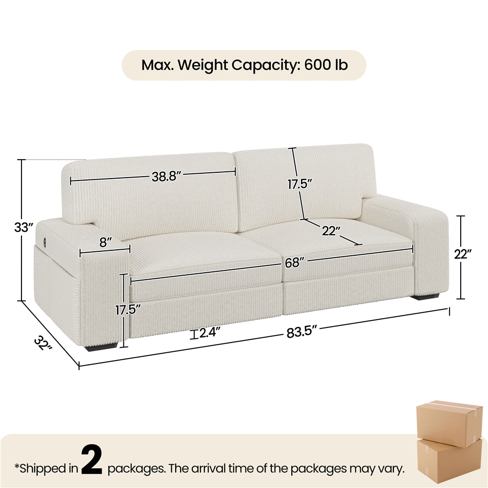 83.5'' W 2-Seater Modern Ivory Corduroy Couch Set with USB Charging Ports